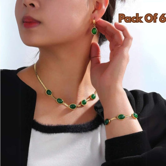 Oval Green Crystal Pendant Necklace Set With Bracelet
